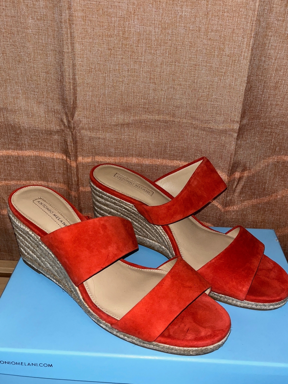 ANTONIO MELANI Red Suede Double-Band Espadrille Wedge Sandals